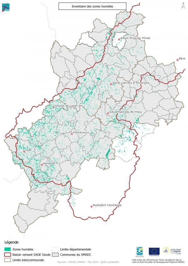 Carte des zones humides inventoriées sur le périmètre du SMAD des Combrailles